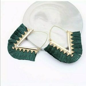 3/$20 Boho V Shaped Dark Green Tassel Earrings